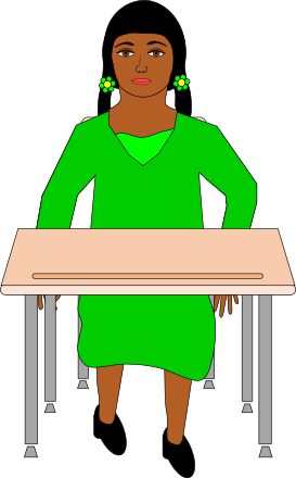 A cartoon drawing of a woman in a green dress sitting at a desk Clip ...